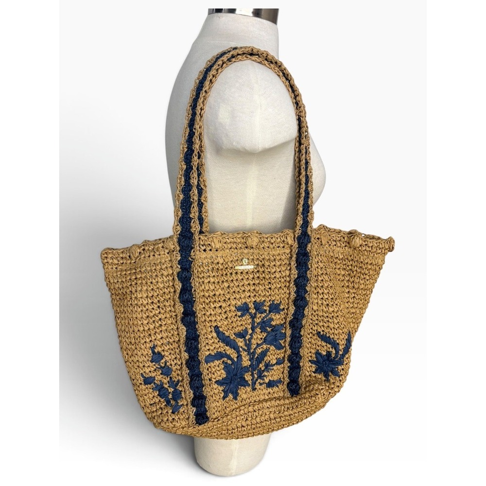 Spartina 449 Blue Wildflower Crochet Papyrus Tote Embroidered Coastal Shoulder